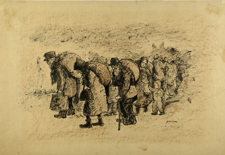 Marker and charcoal drawing 'Deportation' by Charlotte Buresova. A group of people with their heads down carry their belongings in bags and sacks on their backs. In the foreground two older men and an older women, behind them a younger mother with a child, the rest of the goup fading into the implied background, where a cart with two people on it can be destinguished.