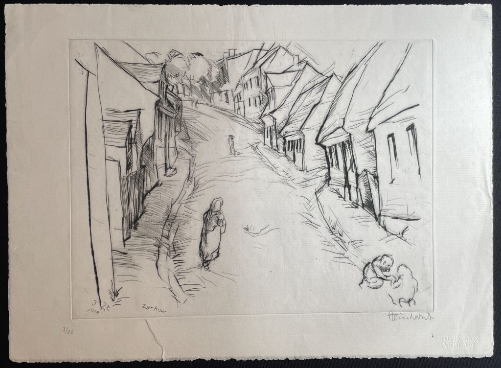 Drypoint etching of a winding street viewed from the bottom of an incline, lined with crooked cottages. In the foreground are two children playing in the gutter and a woman coming down the street, another person can be seen further back.