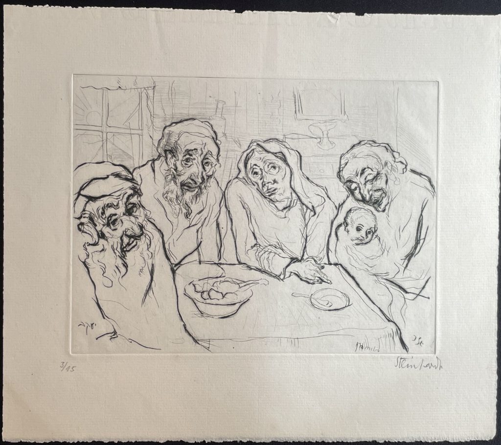Drypiont etching of a poor-looking jewish family gathered around a table. From left to right an old man, a man and a woman, looking weary, and a cheerful old woman holding a baby.