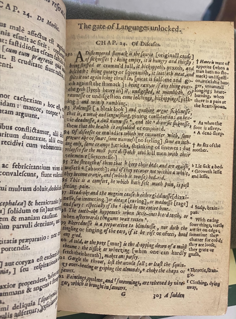 Opposite page of the same book, the text and annotations are printed in English under the headline "Of Diseases".