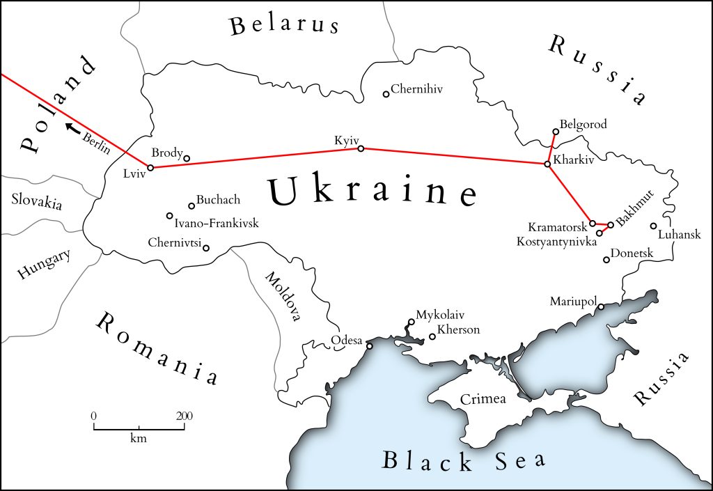 Map of Ernst Barlach's journey through Ukraine, drawn by Damien Bove
