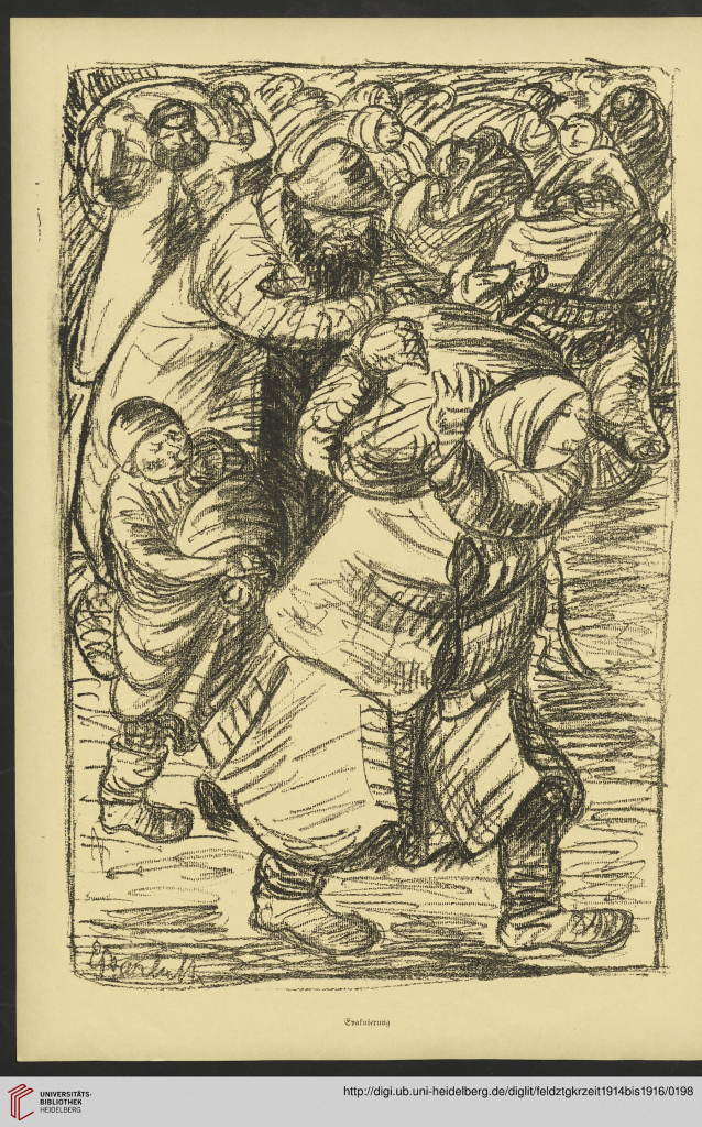 Litograph showing a crowd of evacuating people, in the foreground a family of a man and a woman carrying a sack while a young child is holding a baby; in the background more people hauling their belongings.