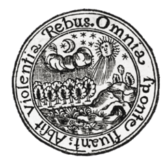 Vignette with Comenius' motto 'Omnia sponte fluant absit violentia rebus'