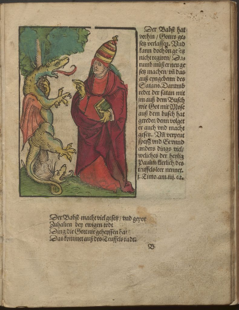 Page of a Reformation pamphlet with a woodcut showing the devil as a dragon wound round a tree-like bush speaking to the pope. Set next to text in prose on the right hand side and poetry unterneath.