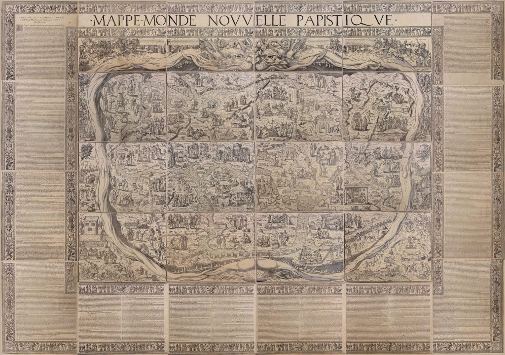Large printed map, assembled from 28 different sheets of paper, showing the world inside of the hellmouth with an explanatory text around it.
