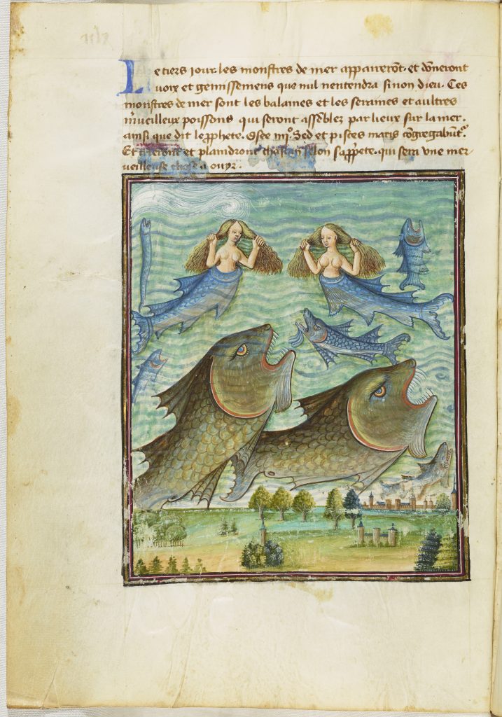 Manuscript page with a large miniature, depicting water filling the sky above a landscape. In the water are several screaming sea creatures, several fish, two whales with large teeth and two mermaids, who pull their hair in gestures of anguish.