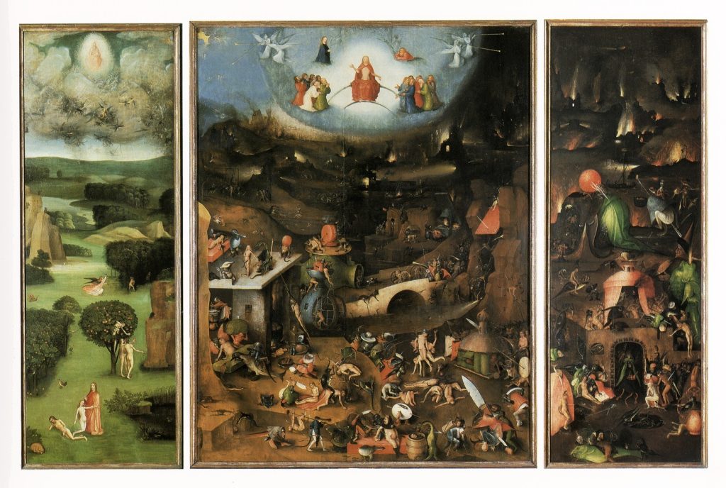 Painting of the Last Judgement. A dark hellish landscape with demons torturing the souls, in the sky above a heavenly blue sphere with Christ as the Judge and several saints and angels.