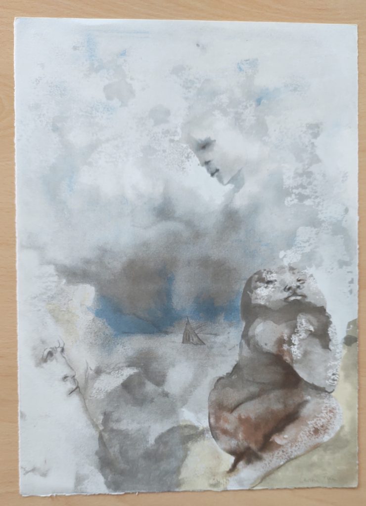 Lithograph in a watercolour-style. In the foreground, a human-like creature with a wide head sitting on his knees, above him a face in the air, whose body dissolves into the background, another face in the implied rocks below. A ship on the sea in the background.