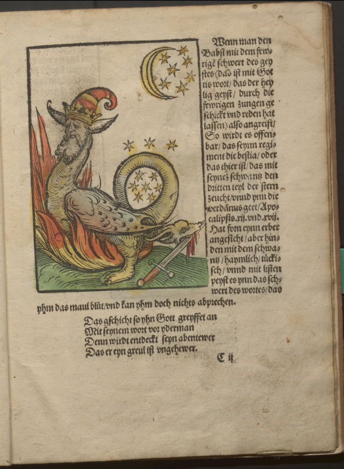 Page of an early modern printed book, containing an Illustration with German text next to it. The illustration shows a Dragon sitting in flames with a pope head. At the end of its tail is a Dragon head, biting down on a sword. It has dragged some stars from the sky with its tail.